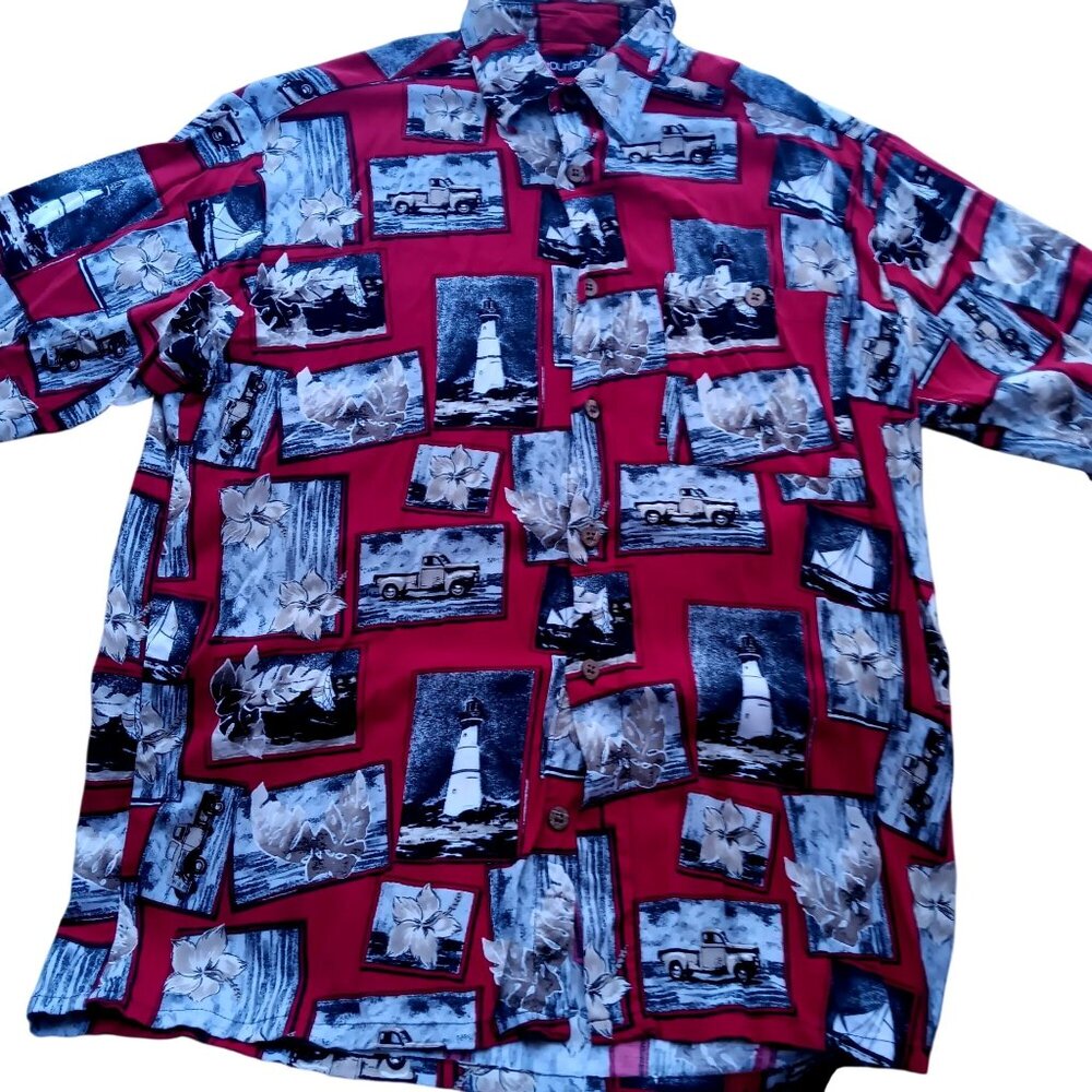 Vintage Medium Nautical Shirt Puritan Mens Red Short Sleeve Rayon 1990's